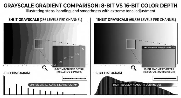 Comparison of 8-bit and 16-bit color gradients